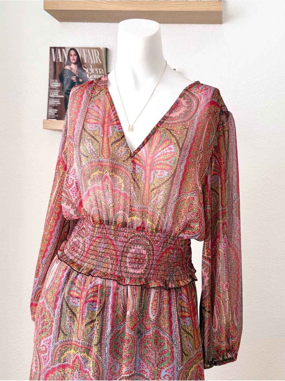 Ann Taylor Paisley Print Sheer Shimmery Long Sleeve Midi Dress - SIZE 8